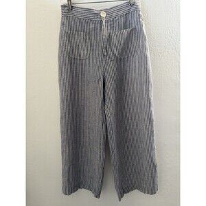 De Castro 100% Linen Blue White Stripe Cropped Culotte Pants Coastal Resort M